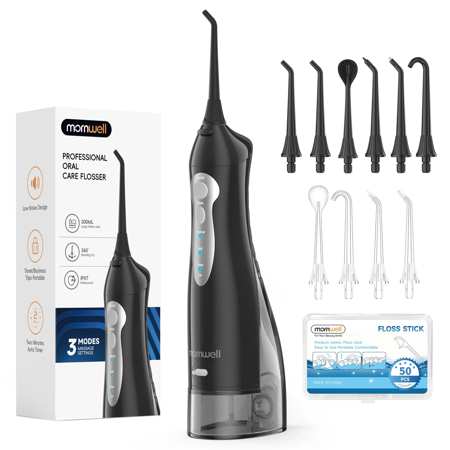D52 Portable Cordless Water Flosser USB Rechargeable Water Jet Floss Tooth Pick 4 Jet Tip 300Ml 3 Modes Teeth Clean for Travel